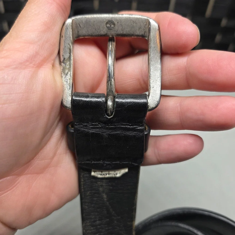 Timberland Mens Black Genuine Leather Belt Silver Logo Buckle Size 36 1393-001